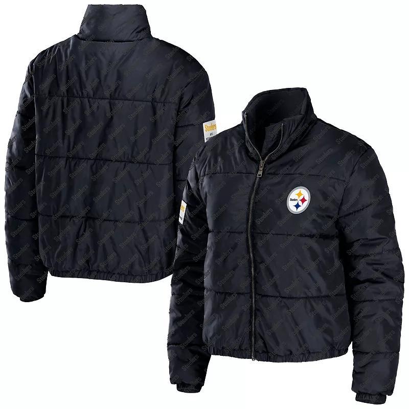 Women's WEAR by Erin Andrews Black Pittsburgh Steelers Puffer Full-Zip Cropped Jacket, Size: Large Product Image