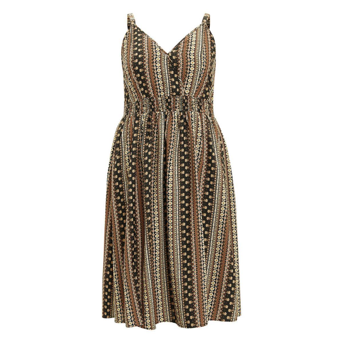 Plus Size Bandana Print Shirred Pocket Split Wrap Cami Dress DarkBrown Women Vacation Adjustable Straps Spaghetti Strap Sleeveless Curvy Midi Dress BloomChic 12/L Product Image