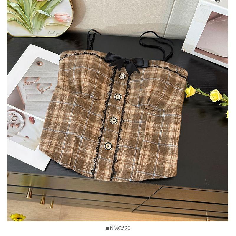 Lace-Trim Plaid Bustier Top with Pins Product Image