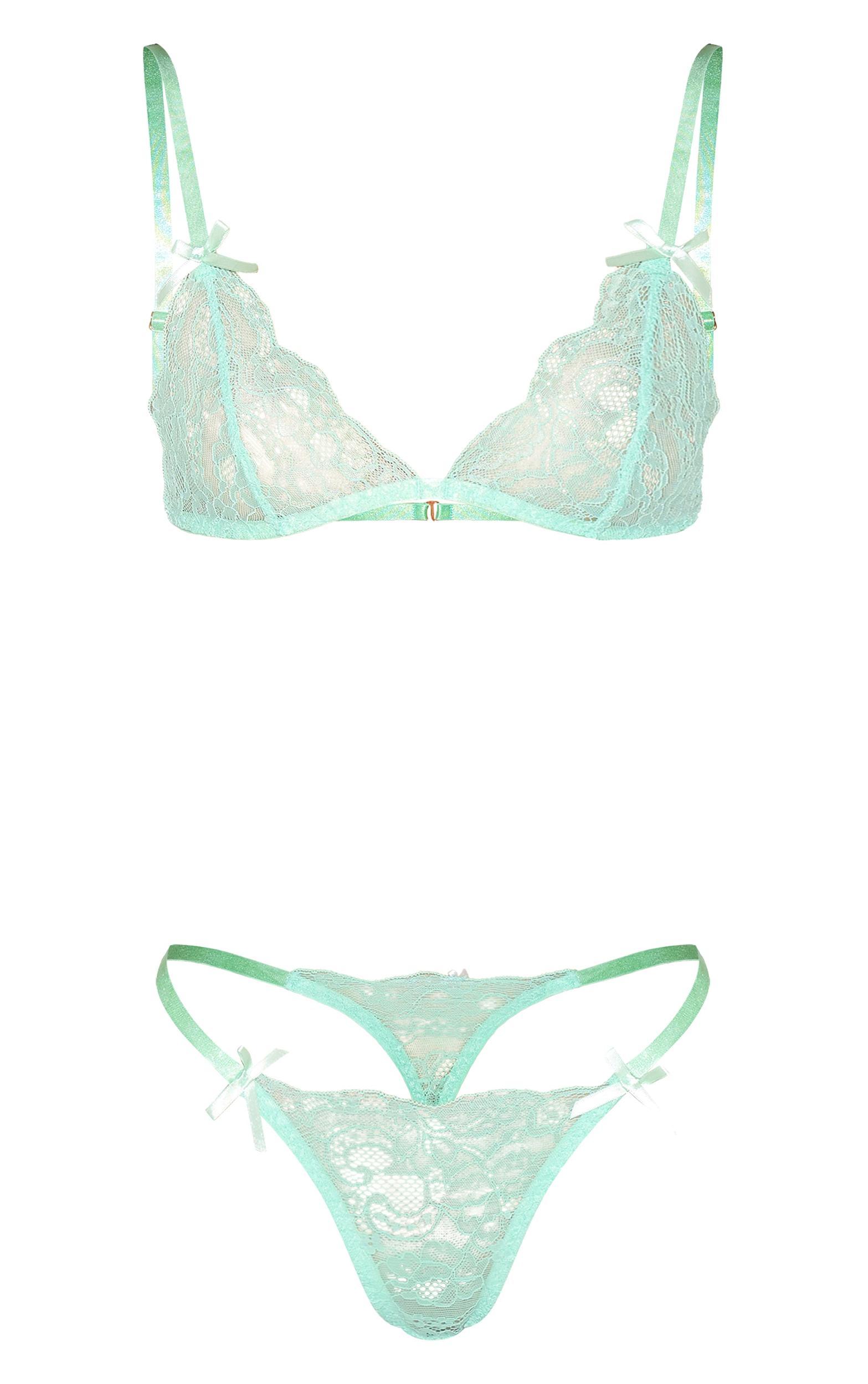 Mint Lace Triangle Bow Detail Lingerie Set Product Image