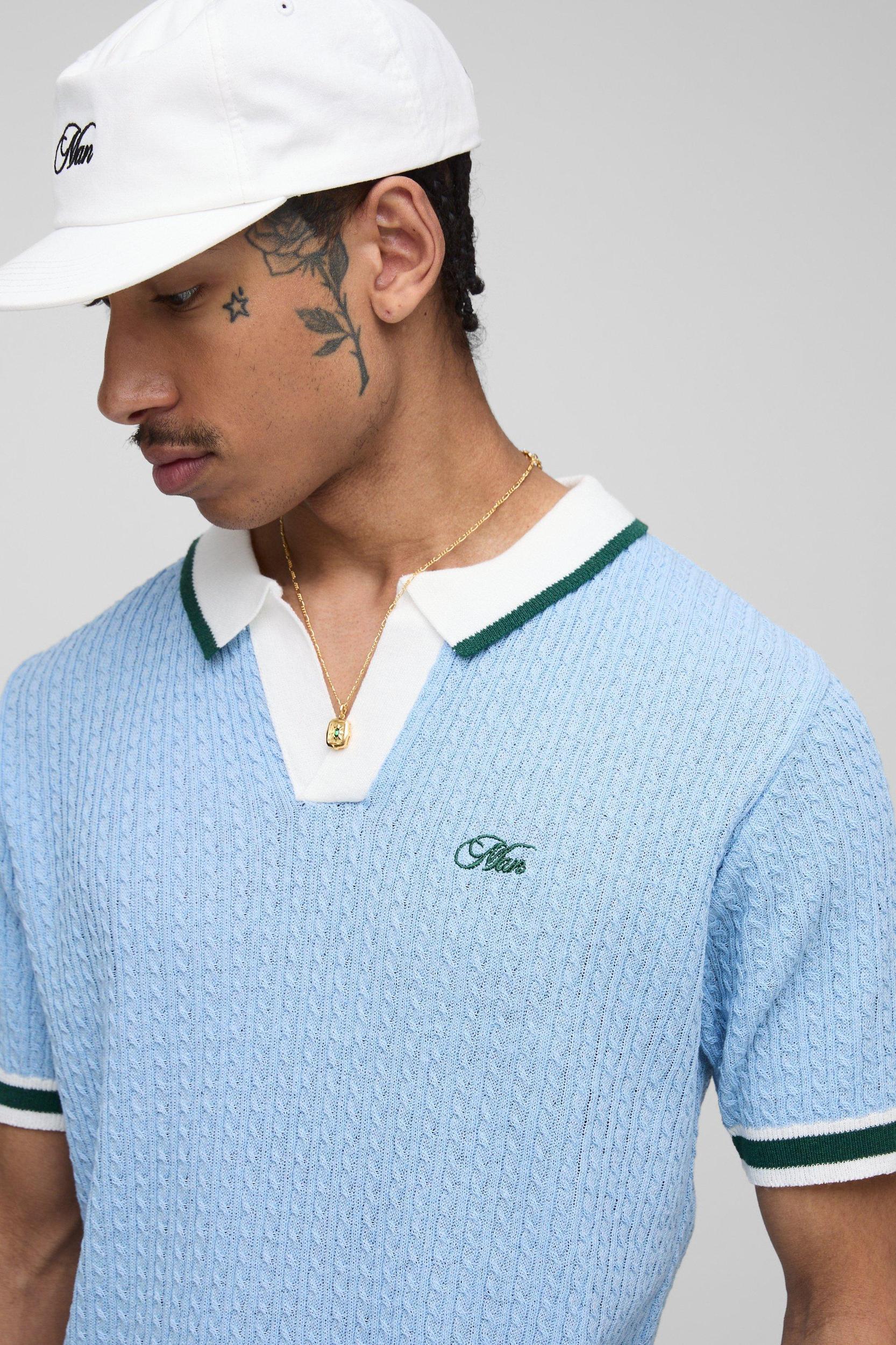 MAN Boxy Cable Embroidered Knitted Polo | boohooMAN USA Product Image
