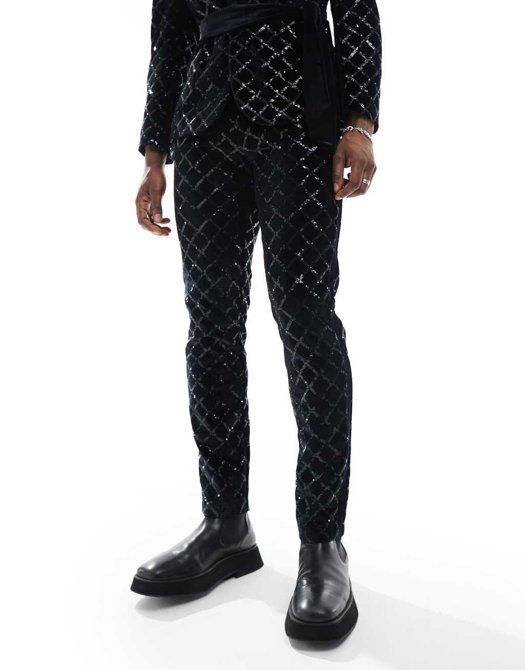 ASOS DESIGN skinny diamond sequin suit pants in black Product Image
