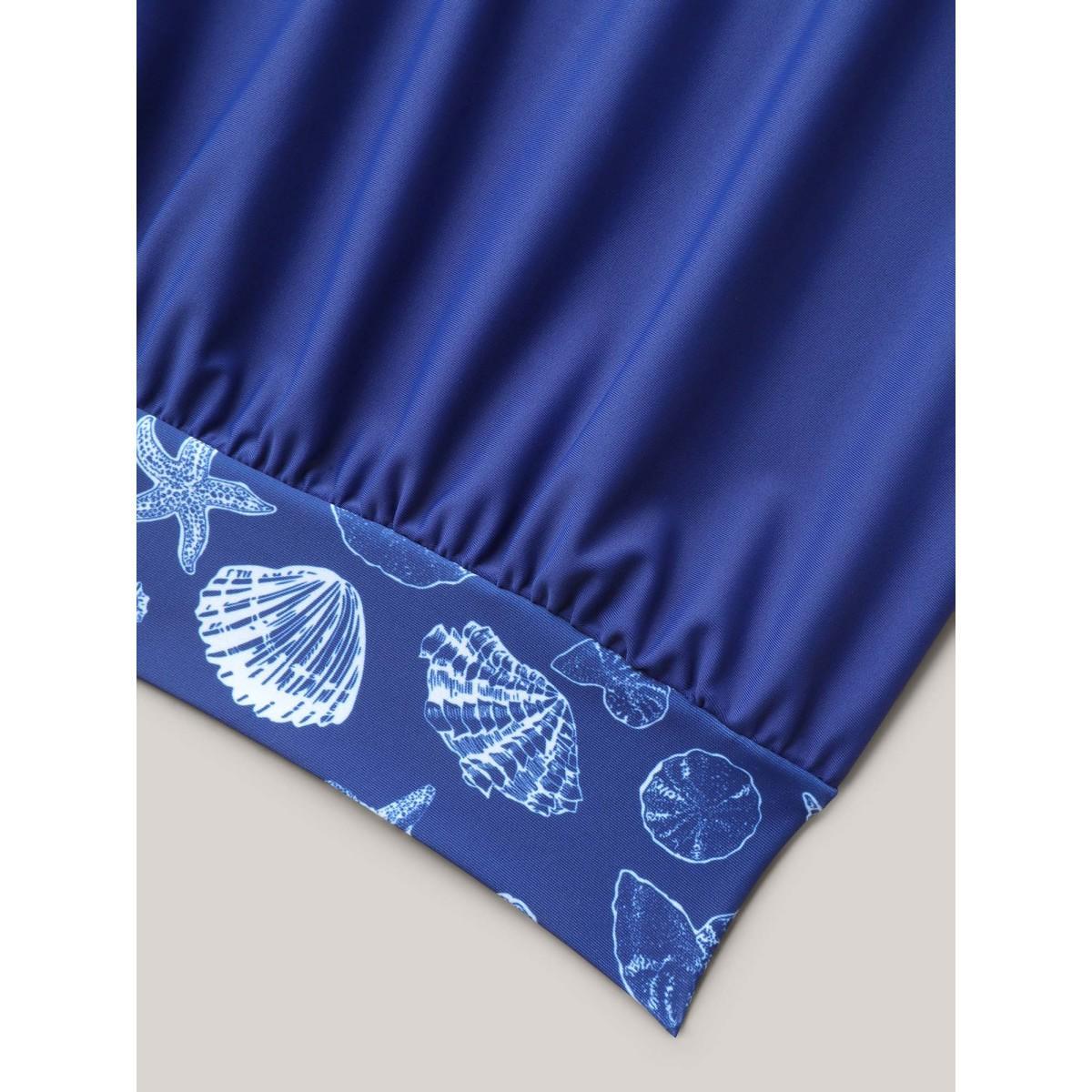 Plus Size Marine Print Cut-Out Pleated Swim Top Women's Swimwear Indigo Beach Cut-Out High stretch Bodycon U-neck Curve Swim Tops BloomChic 14-16/1X Product Image