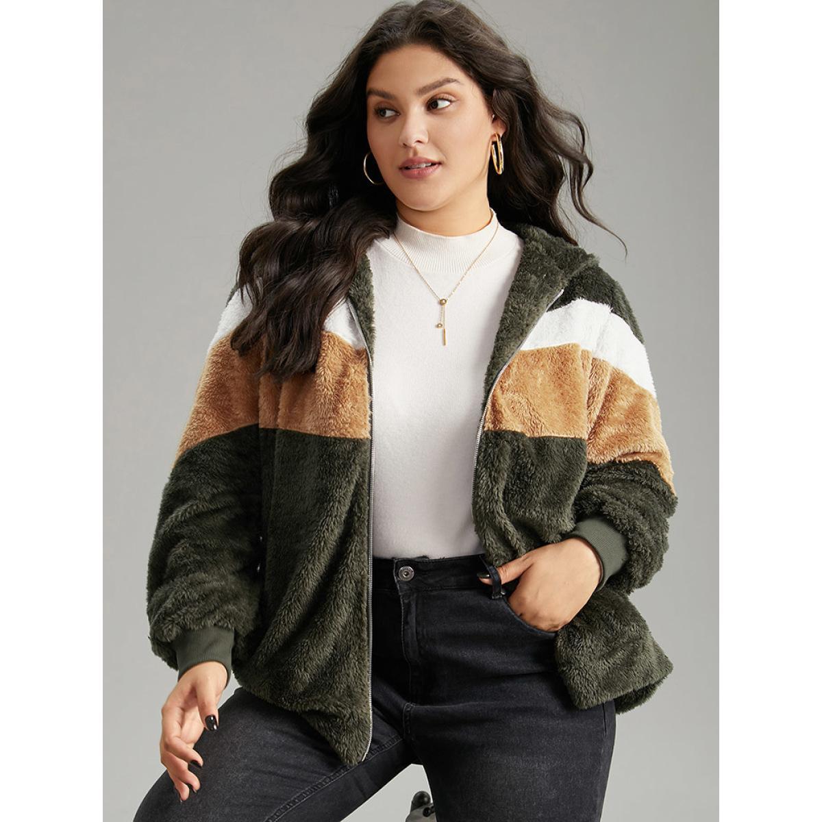 Plus Size Colorblock Contrast Fuzzy Zipper Jacket Women ArmyGreen Elastic cuffs Pocket Everyday Jackets BloomChic 26/4X Product Image