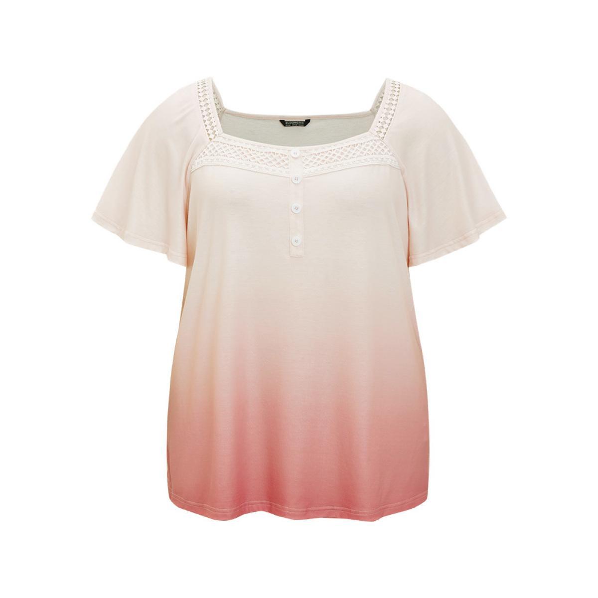 Plus Size Ombre Print Ruffle Sleeve Contrast Lace T-shirt OrangeRed Women Elegant Lace Ombre Square Neck Dailywear T-shirts BloomChic 26/4X Product Image