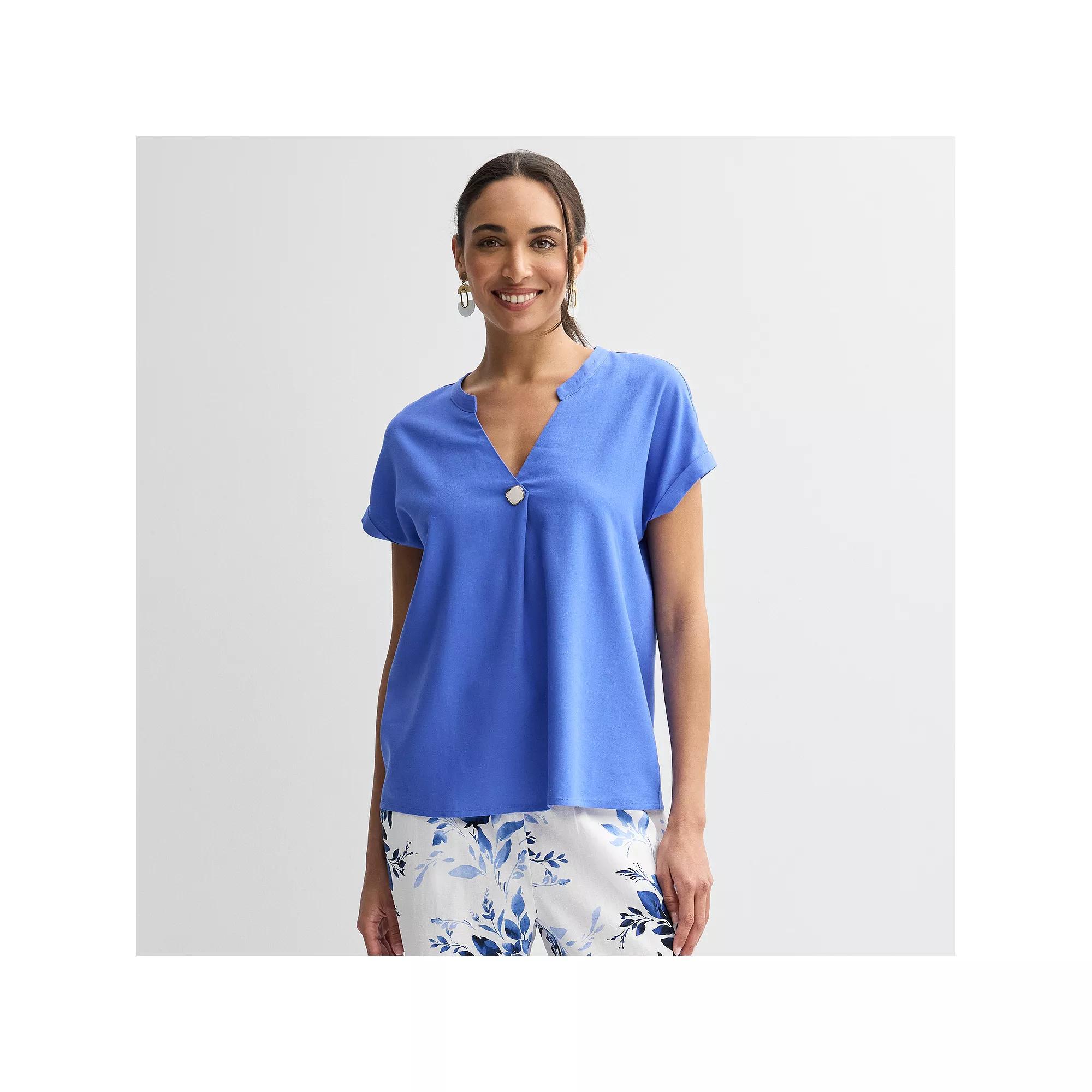 Women's Ellen Tracy Linen Faux Pearl Button Drop Sleeve Top, Size: Small, Blue Product Image