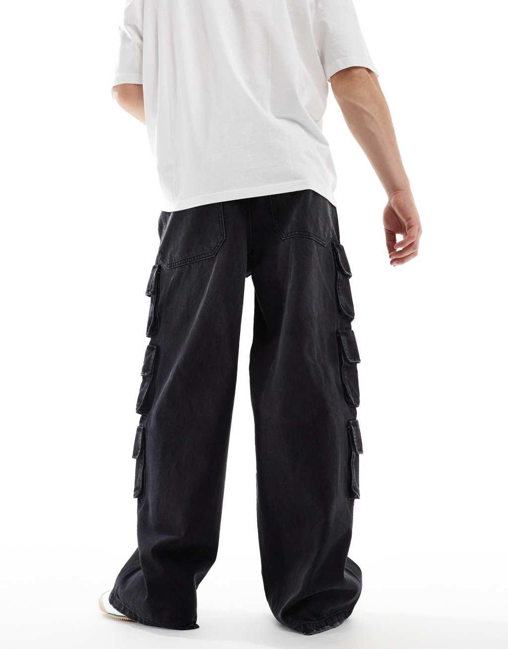 ASOS DESIGN super baggy jean in washed black with cargo pockets Product Image