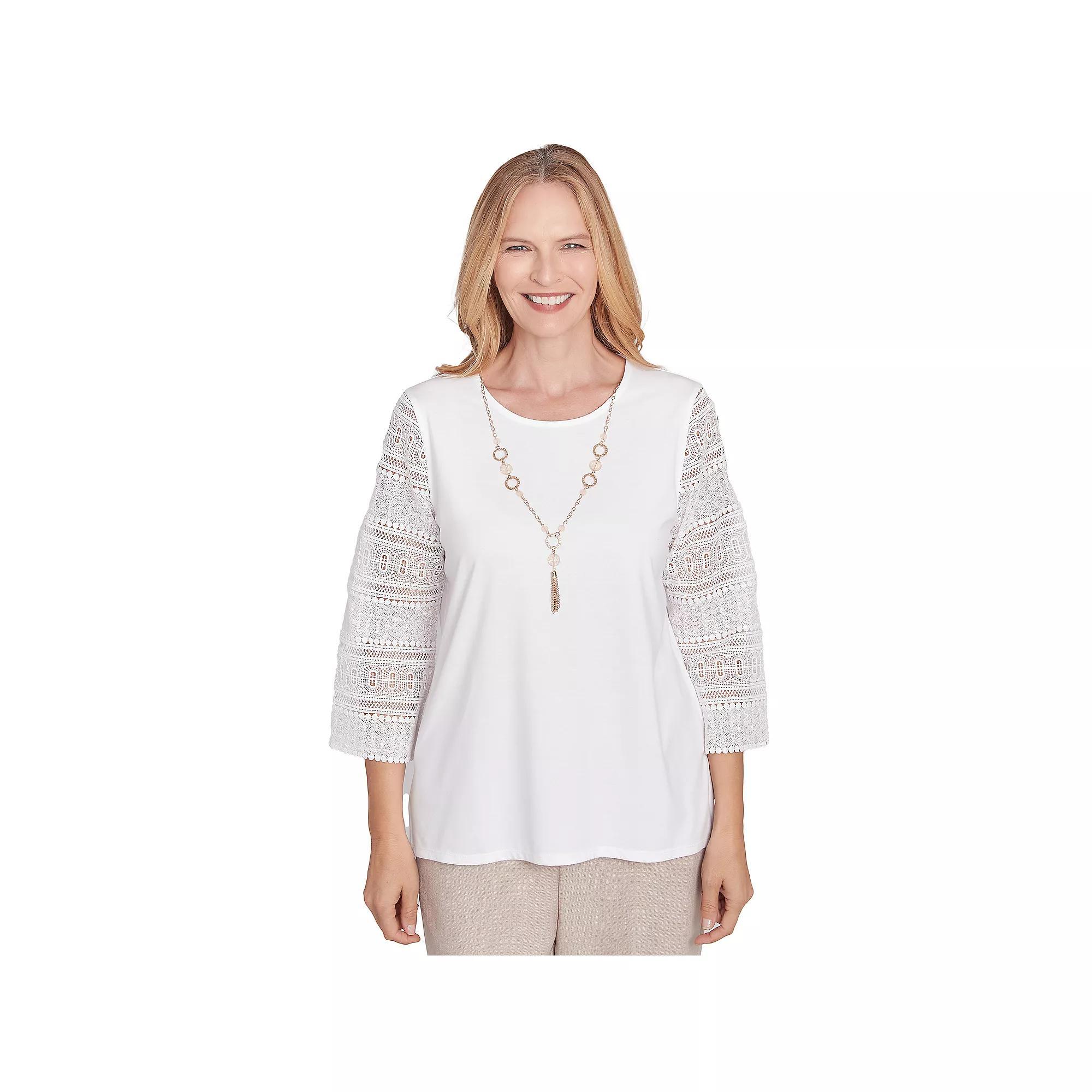 Petite Alfred Dunner Solid Lace Sleeve Knit Top with Necklace, Women's, Size: Medium Petite, Ivory Product Image