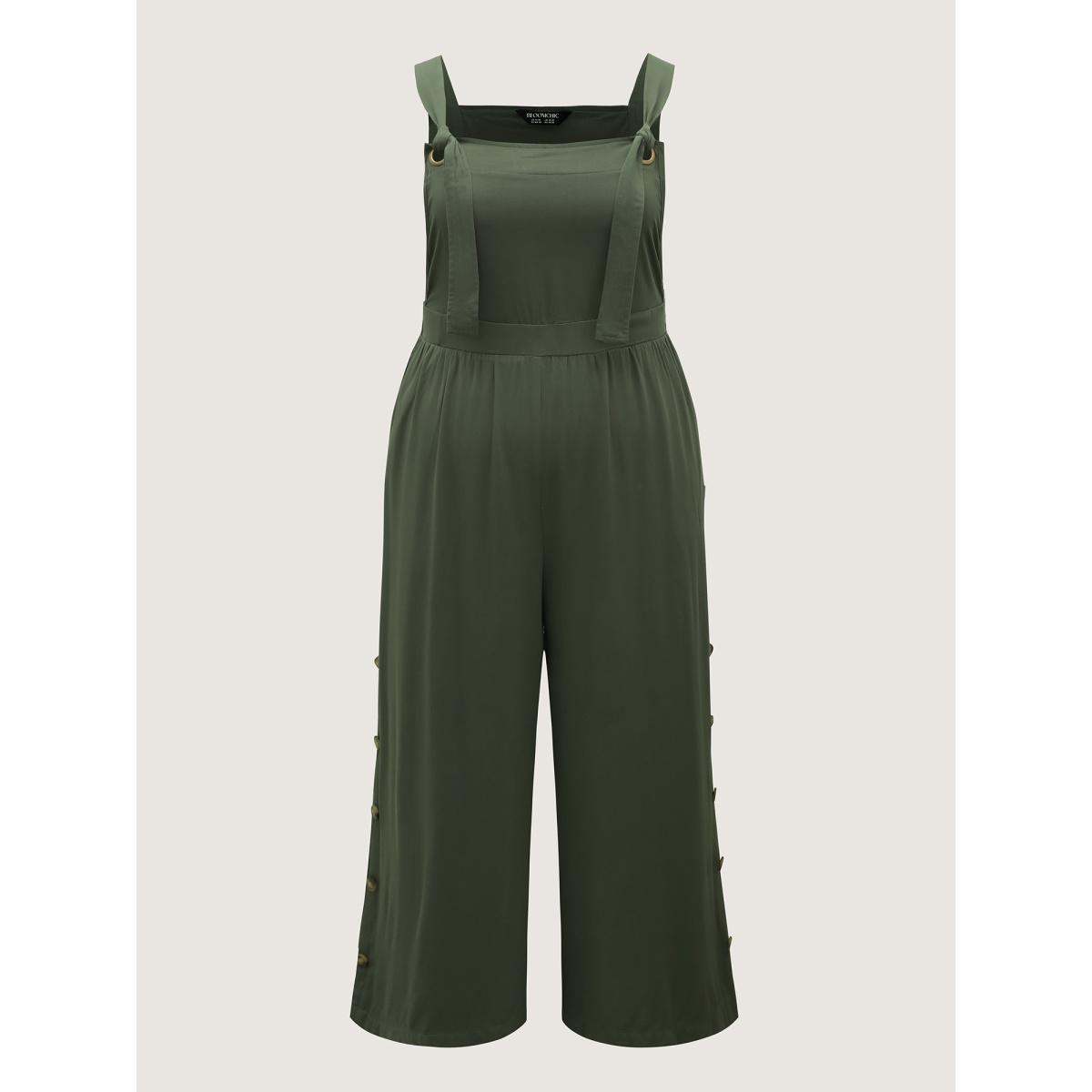 Plus Size ArmyGreen Rayon Adjustable Elastic Waist Slit Jumpsuit Women Sleeveless Non Everyday-Casual Loose Jumpsuits BloomChic 26/4X Product Image