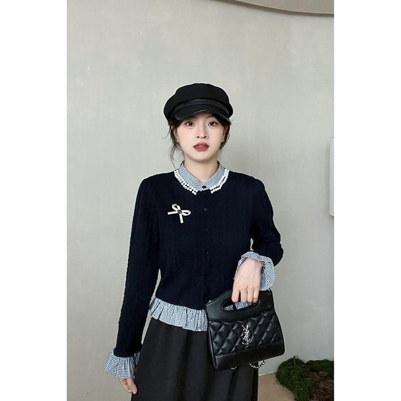 Stand Collar Mock Two-Piece Gingham Panel Bow Accent Button-Up Crop Cardigan Product Image
