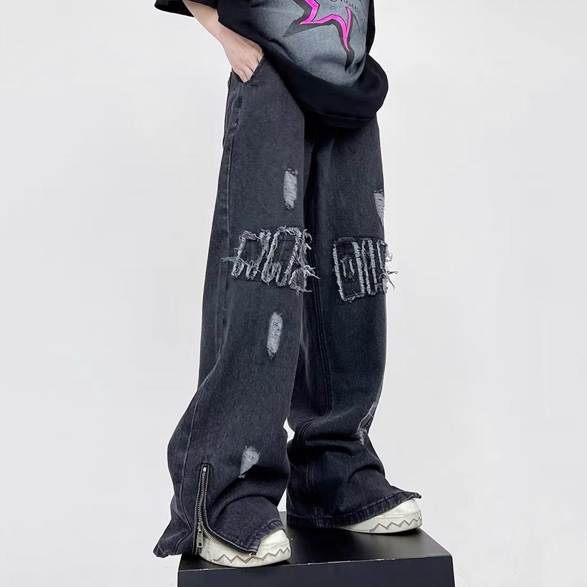 Unisex Men's Vintage Letter Patch Raw Edge Zipper Jeans Product Image