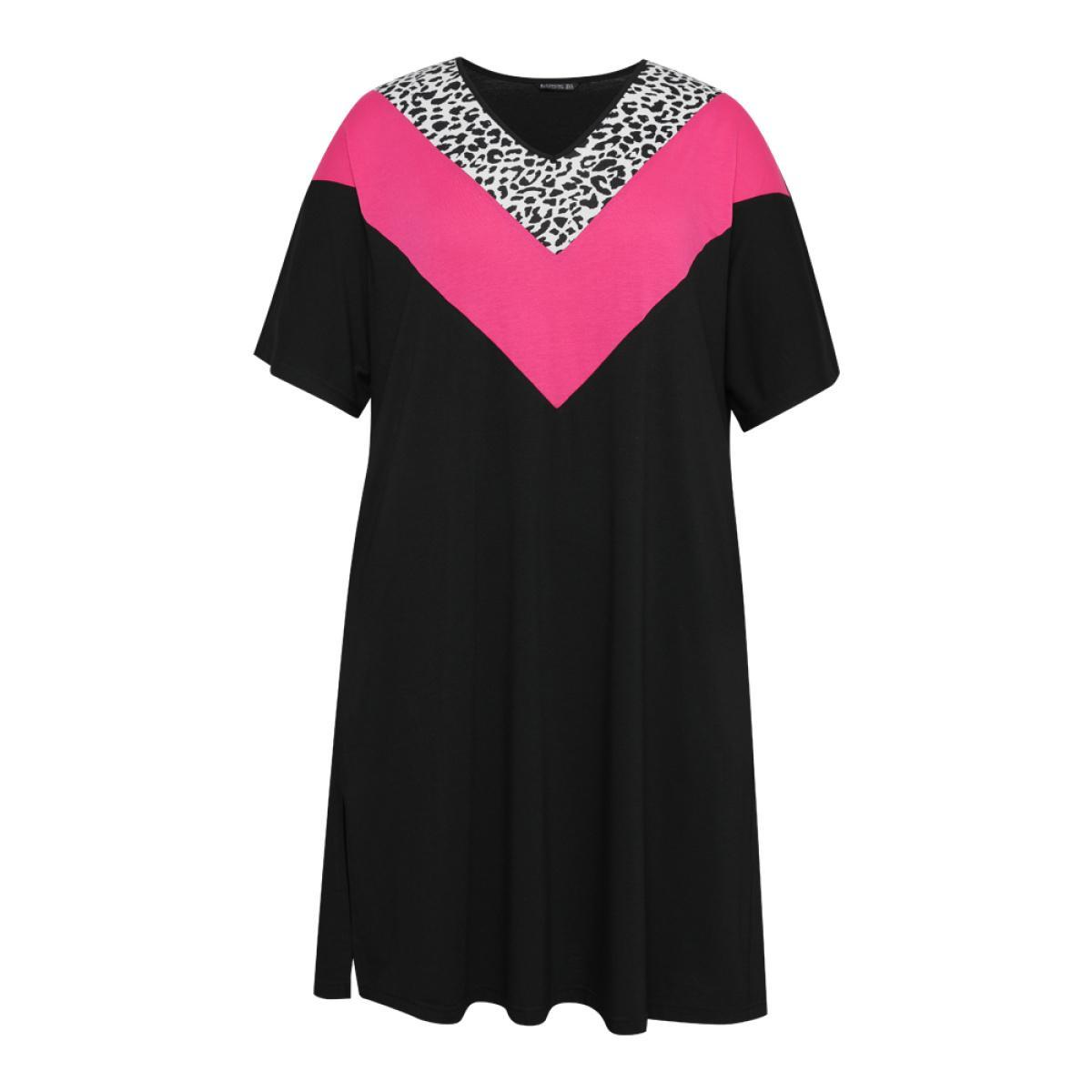 Plus Size Supersoft Essentials Leopard Contrast Batwing Sleeve Pocket Split Hem Dress Black Women Casual Plain V-neck Half Sleeve Curvy Midi Dress BloomChic 22-24/3X Product Image