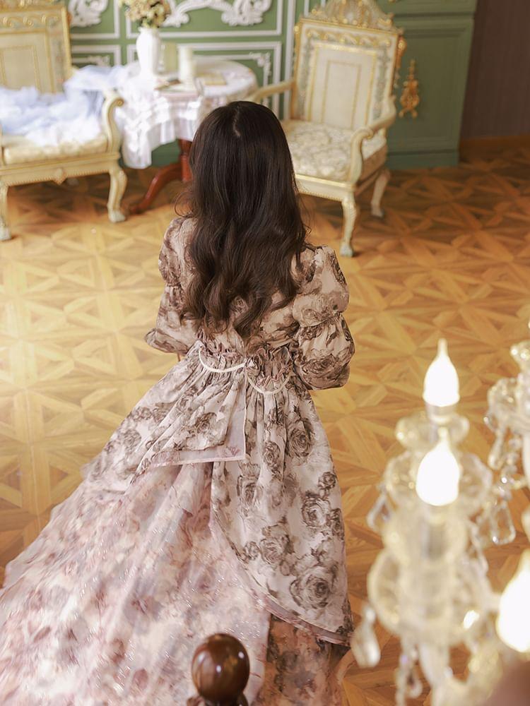 Long-Sleeve Square Neck Floral A-Line Dress Product Image