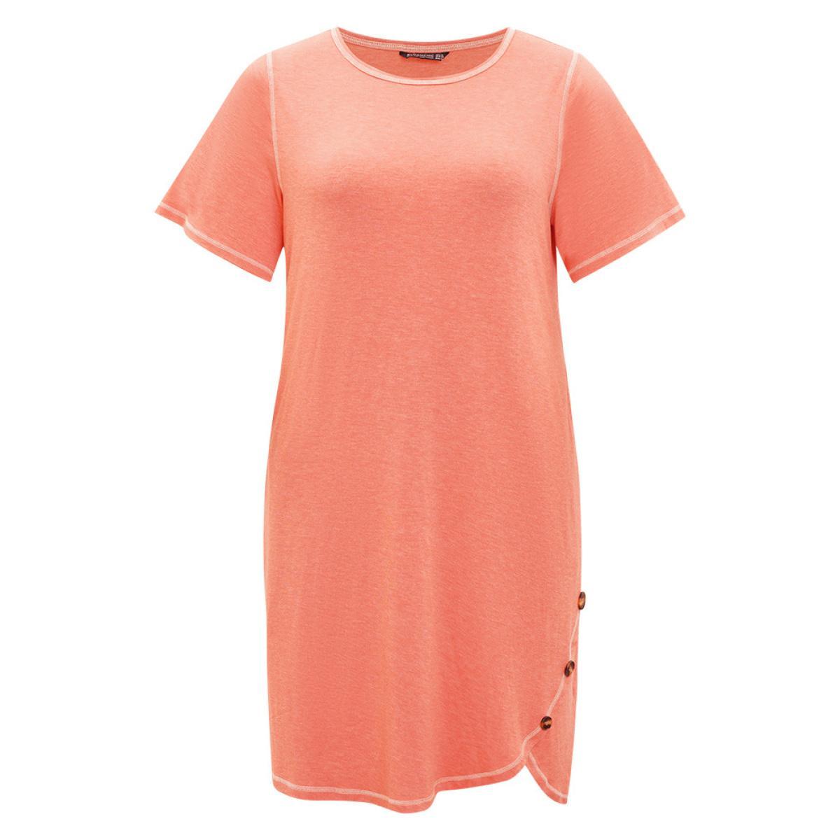 Plus Size Supersoft Essentials Stitch Button Detail Overlap Hem Dress Coral Women Casual Wrap Round Neck Short sleeve Curvy Knee Dress BloomChic 10/M Product Image