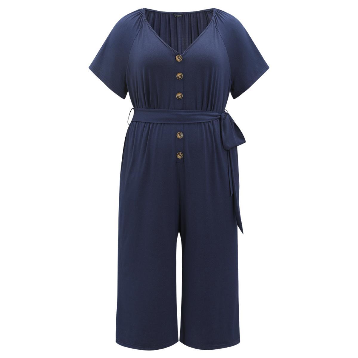 Plus Size DarkBlue Solid Button Up V Neck Belted Gathered Flutter Sleeve Jumpsuit Women Elegant Short sleeve V-neck Dailywear Loose Jumpsuits BloomChic 12/L Product Image