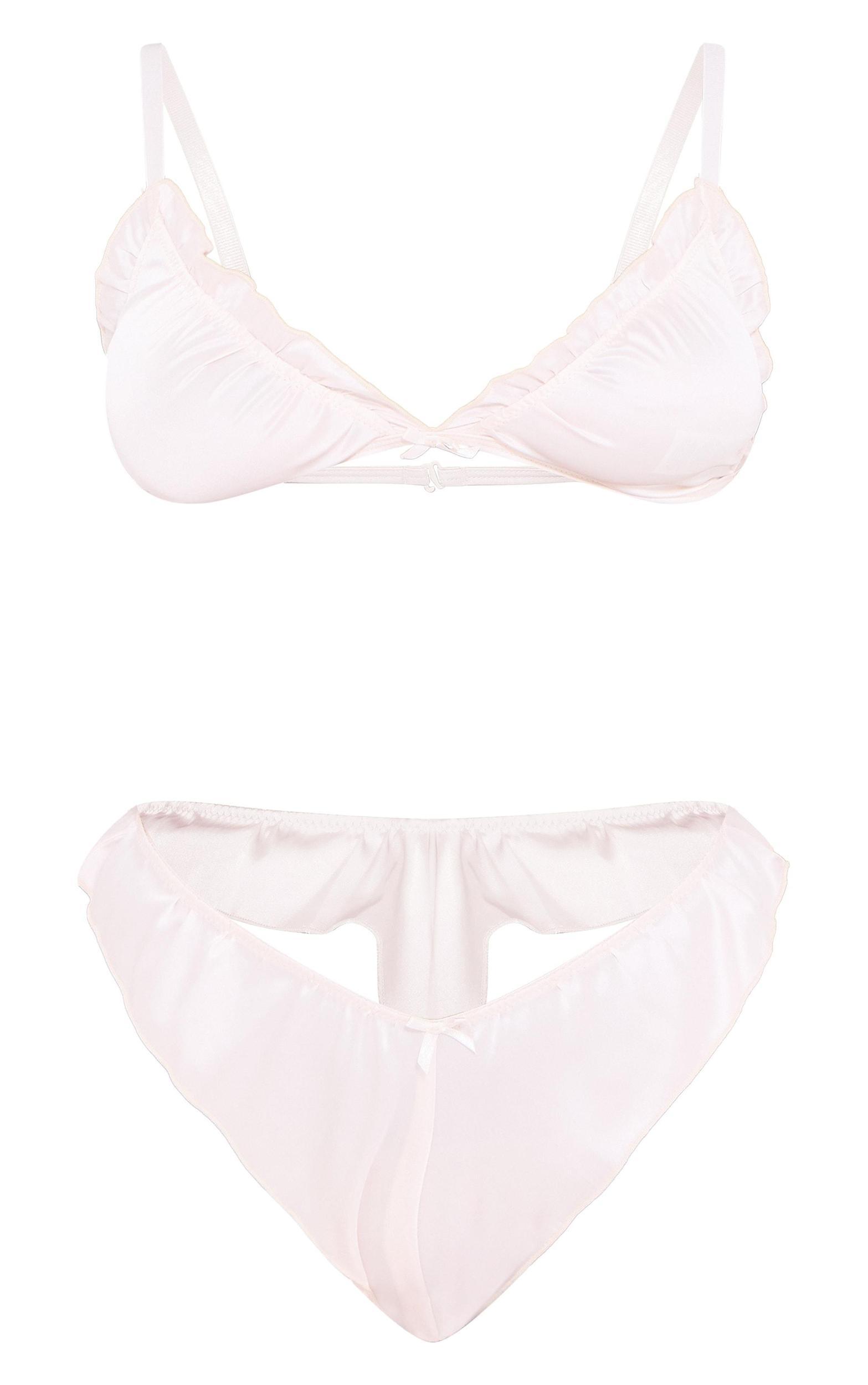 Cream Satin Frill Lingerie Set Product Image