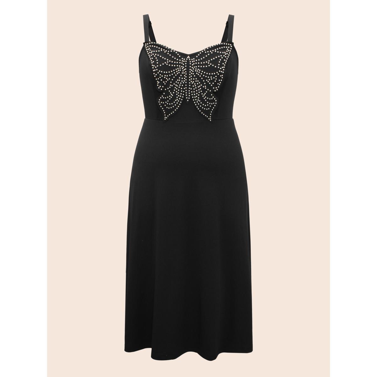 Plus Size Butterfly Pearl Beaded Cami Dress Black Women Elegant Beaded V-neck Sleeveless Curvy BloomChic 10/M Product Image