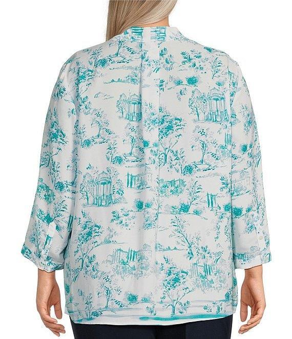 Investments Plus Size Caroline Signature Painted Toile V-Neck 3/4 Sleeve Button Front Blouse Product Image