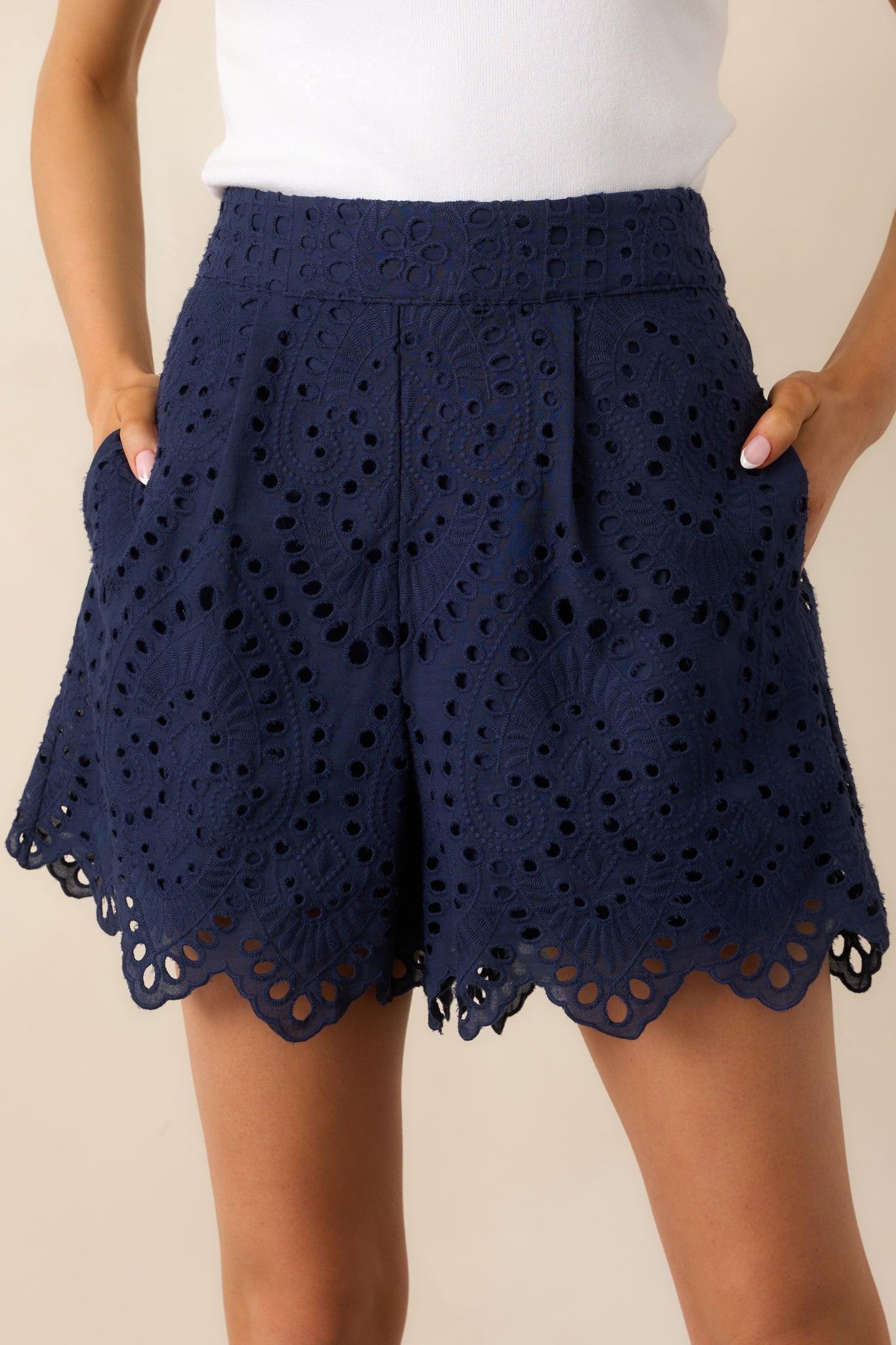 Perfect Fit Navy Cotton Embroidered Eyelet Shorts Product Image