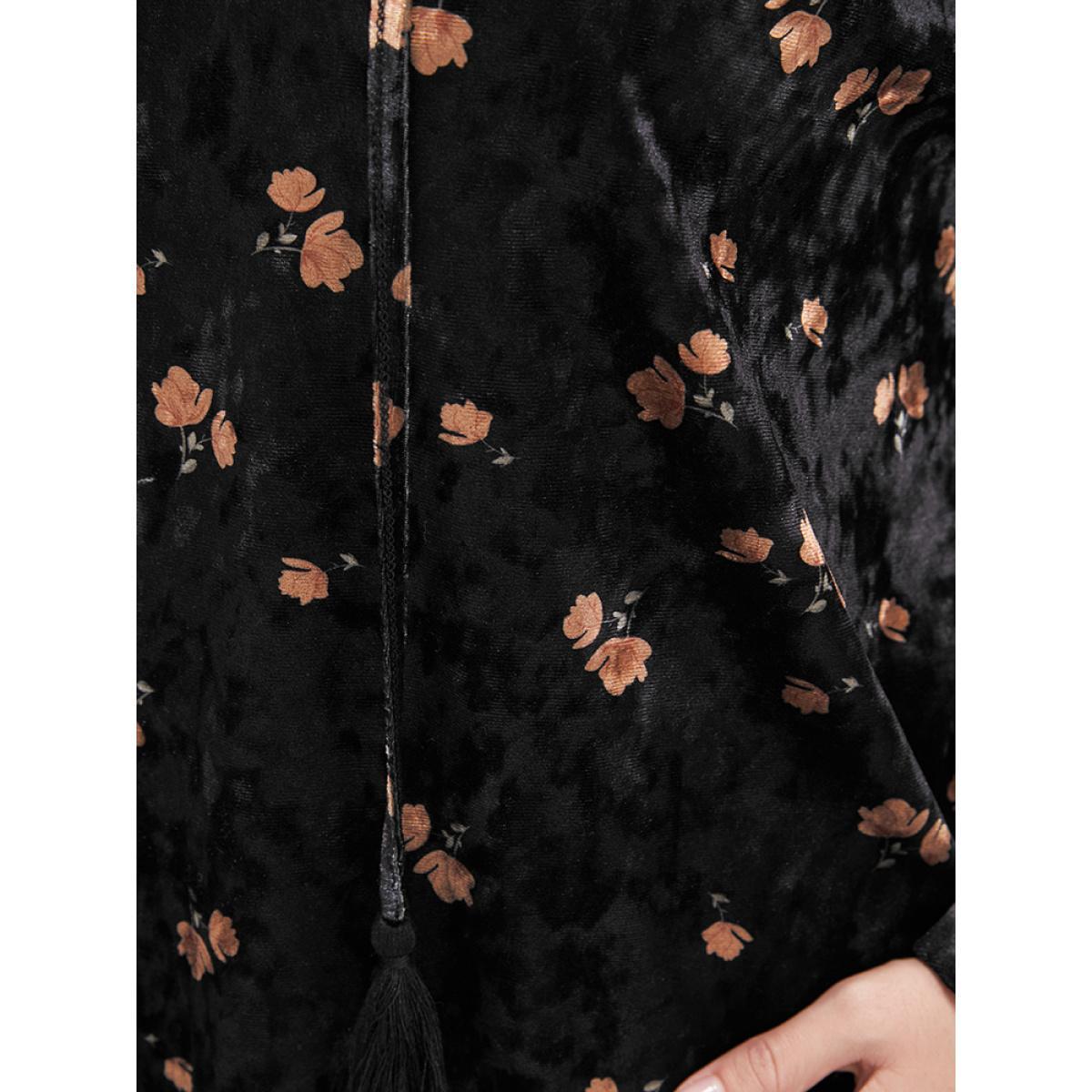 Plus Size Black Floral Lantern Sleeve Tassels Tie Neck Velvet Blouse Women Party Long Sleeve Tie Neck Going out Blouses BloomChic 14-16/1X Product Image