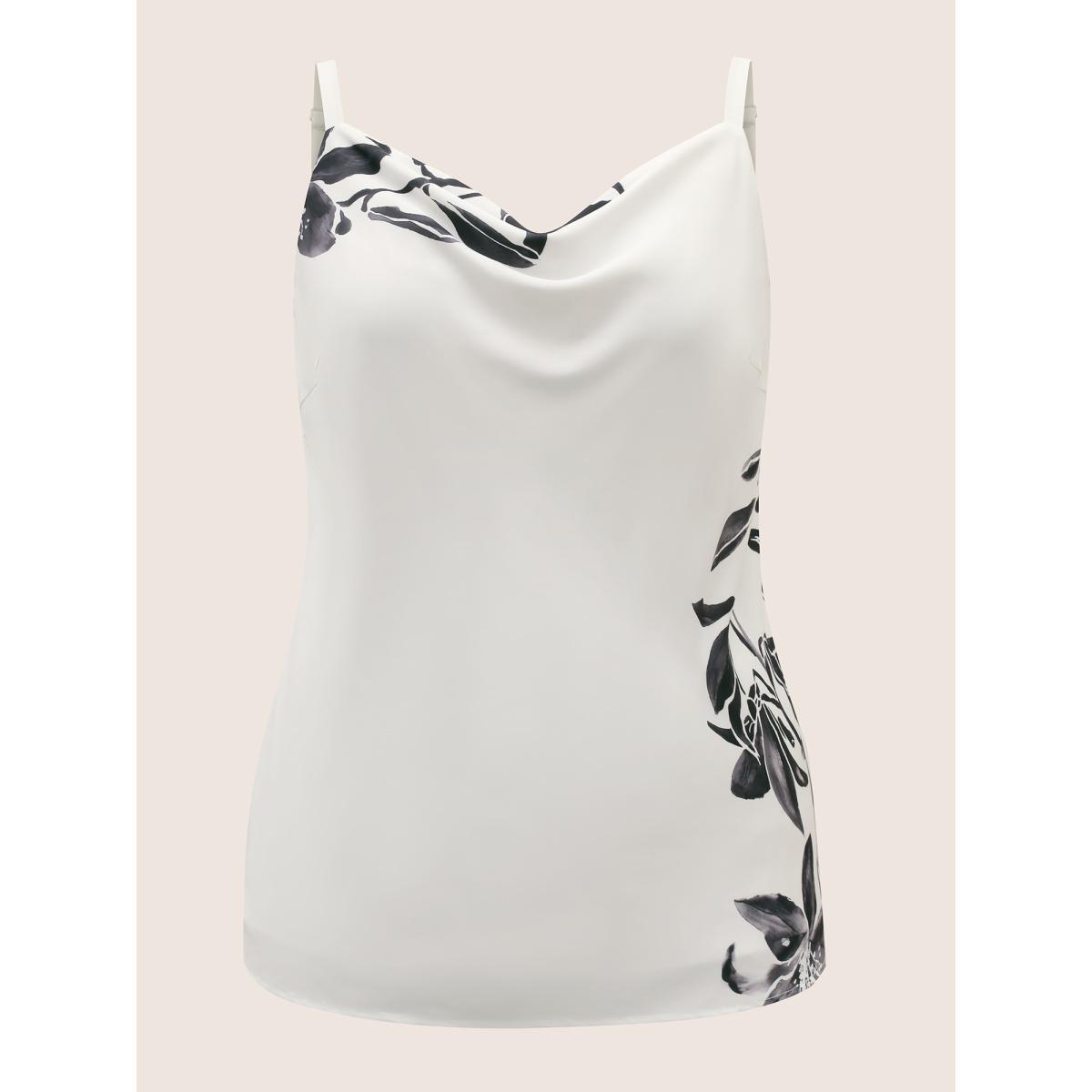 Plus Size Cowl Neck Lily Print Split Hem Cami Top Women Ivory Elegant Contrast Cowl Neck Everyday Tank Tops Camis BloomChic 26/4X Product Image