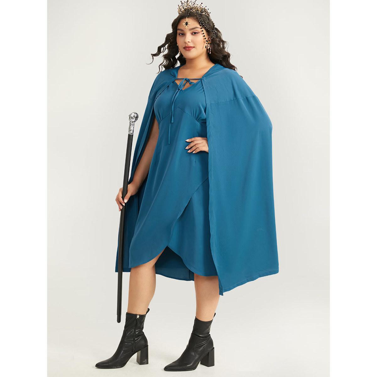 Plus Size Halloween Plain Knot Hooded V Neck Ties Wrap Hem Dress Aegean Women Elegant Wrap V-neck Sleeveless Curvy Midi Dress BloomChic 30/6X Product Image