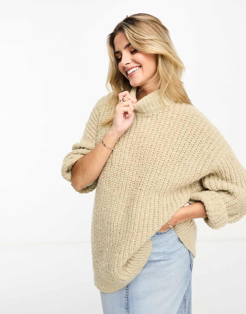 Monki high neck chunky rib knitted sweater with volume sleeve Product Image