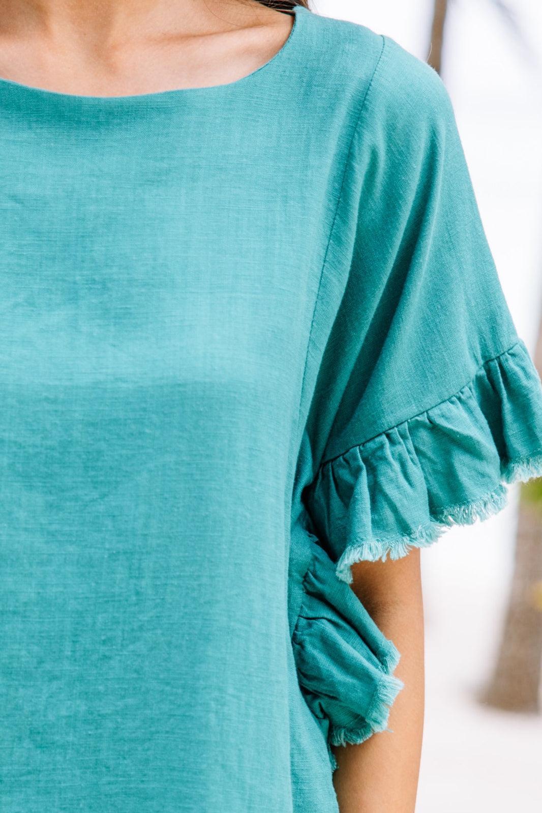 Find You Out Lagoon Green Linen Top Female Product Image