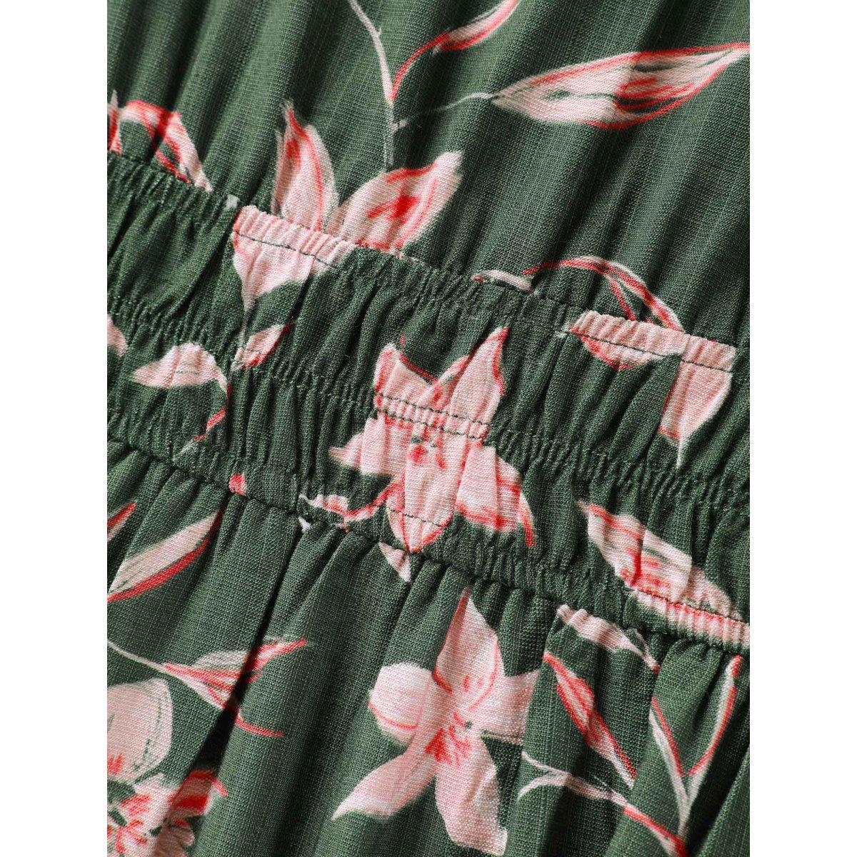 Plus Size Breezy Floral Shirred Waist Midi Dress DarkGreen Women Flat collar with V-notch Short sleeve Curvy BloomChic 12/L Product Image