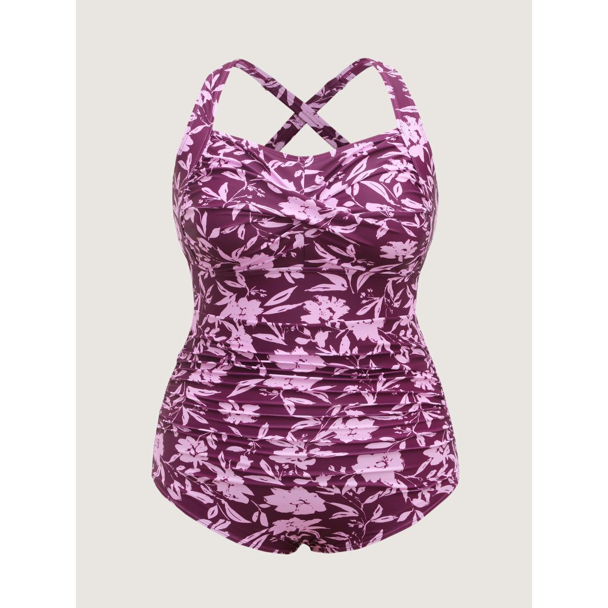 Plus Size Floral Twist Ruched One-Piece Swimsuit Women's Swimwear Mauve Beach Twist Curve Bathing Suits High stretch One Pieces BloomChic 18-20/2X Product Image