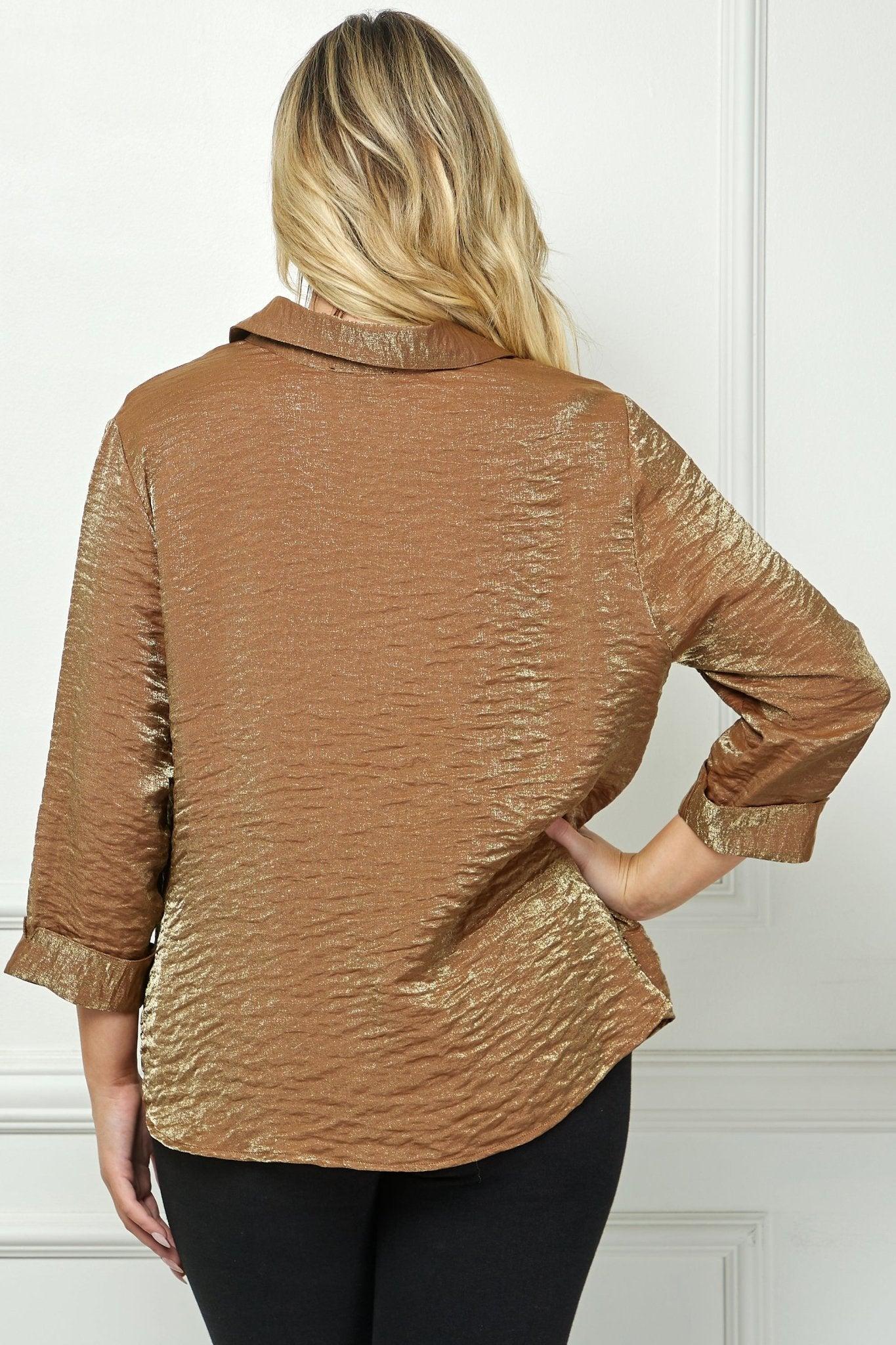 Cognac 3/4 Length Notch Sleeve Johnny Collar Button-Front Top - Plus Product Image