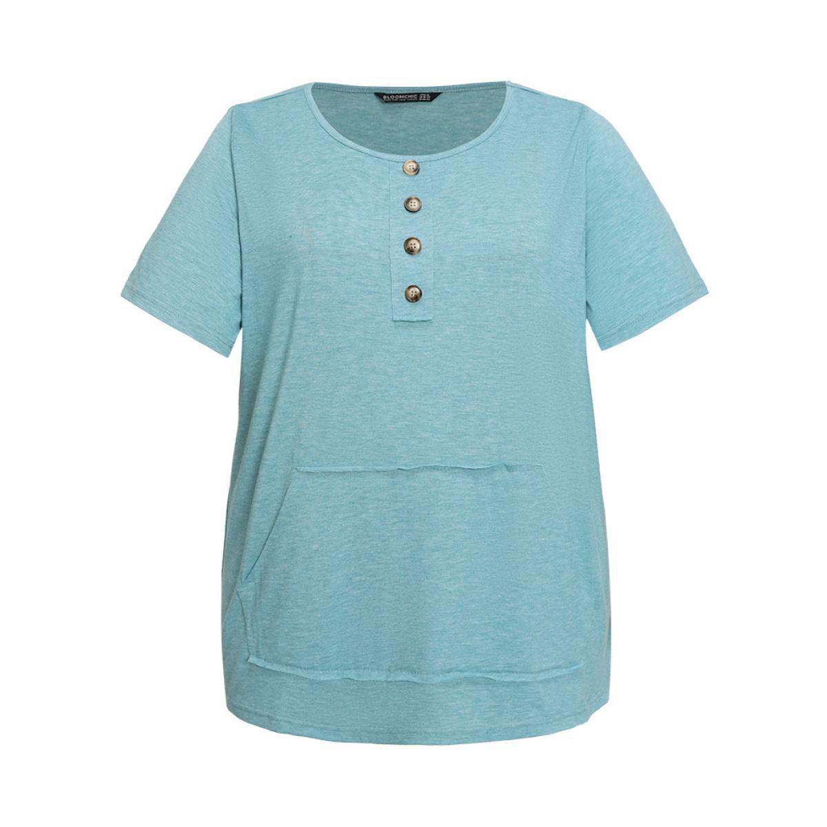 Plus Size Plain Heather Button Detail Patch Pocket T-shirt Cerulean Women Casual Heather Plain Round Neck Dailywear T-shirts BloomChic 10/M Product Image