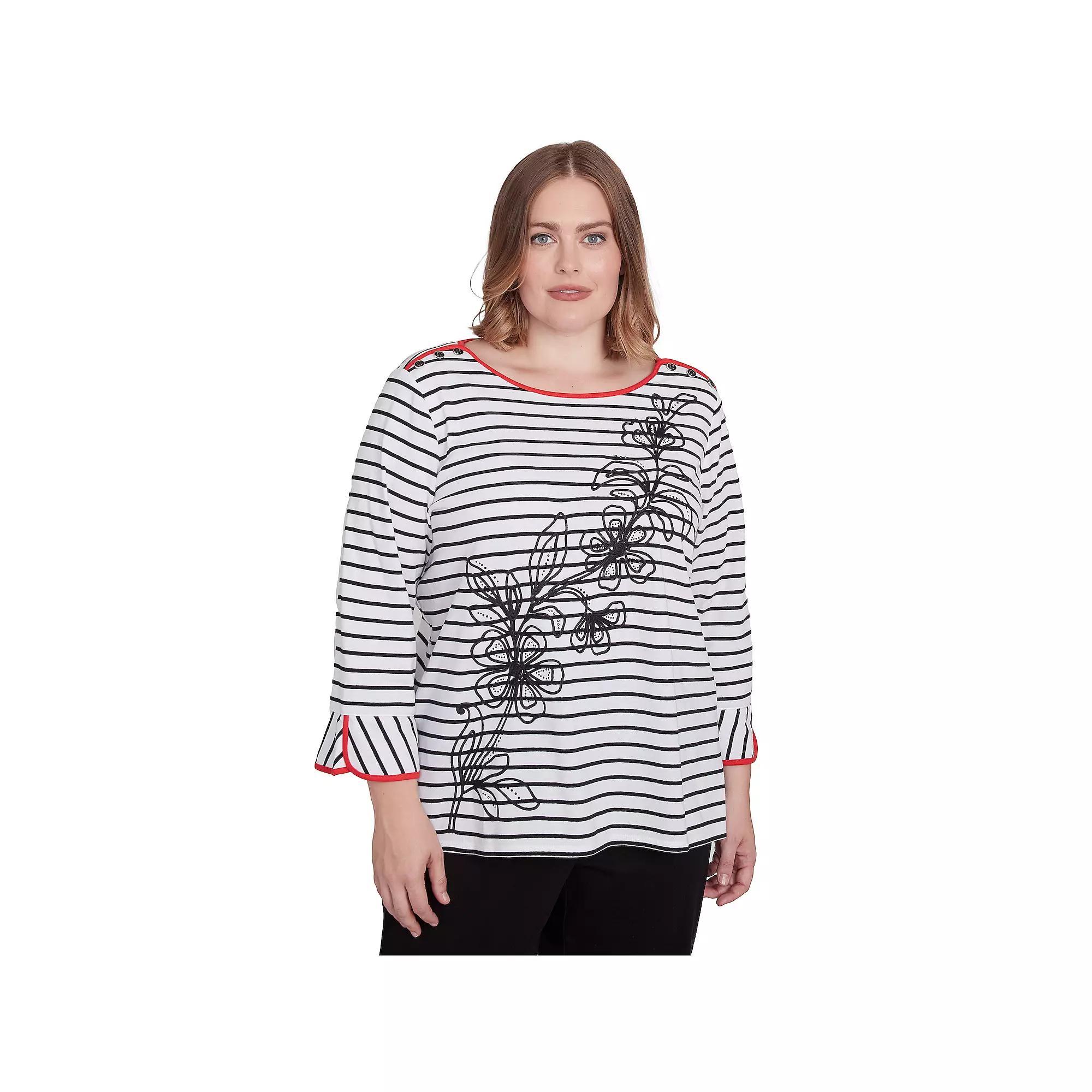 Plus Size Alfred Dunner Striped Floral Flared Sleeve Top, Womens Product Image