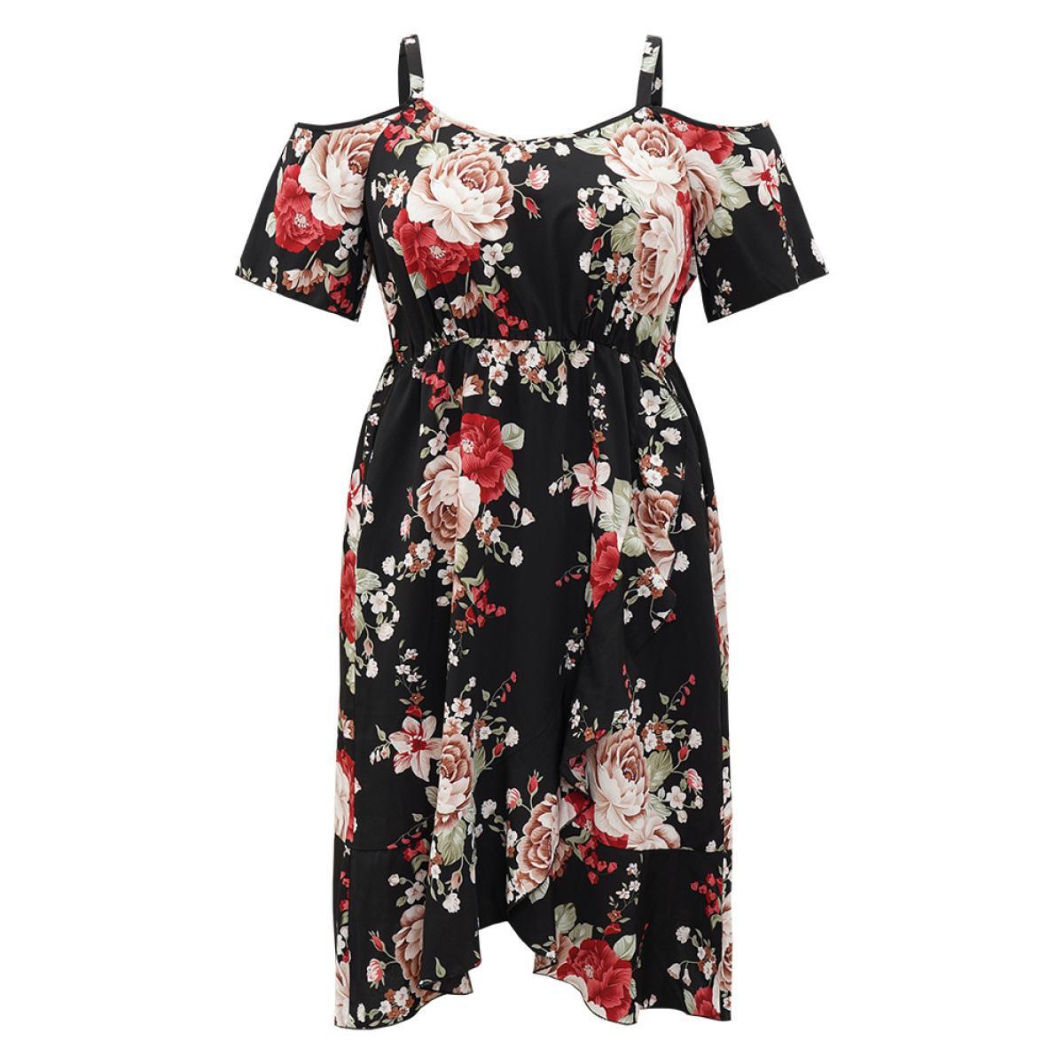 Plus Size Floral Print Pocket Asymmetrical Hem Cold Shoulder Dress Black Women Elegant Elastic Waist Cold Shoulder Short sleeve Curvy Midi Dress BloomChic 30/6X Product Image