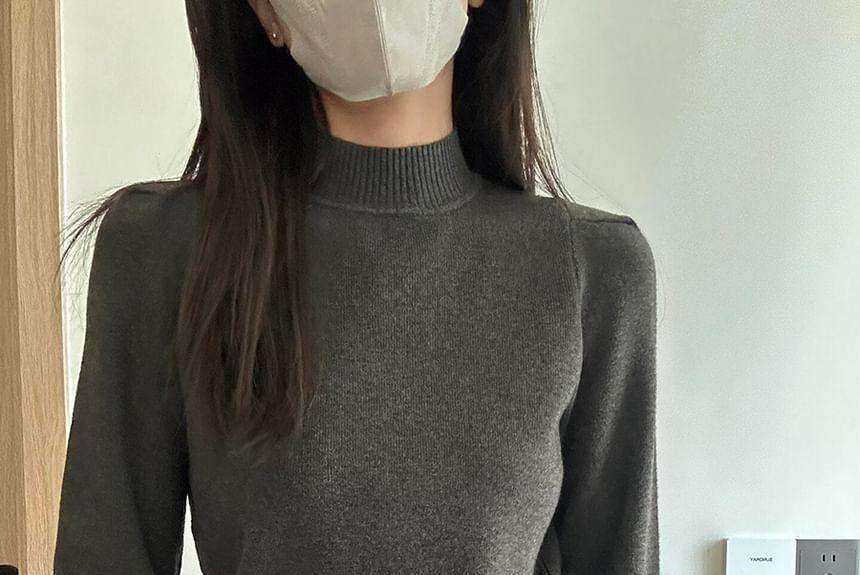 Long-Sleeve High Neck Plain Slit Sweater Product Image