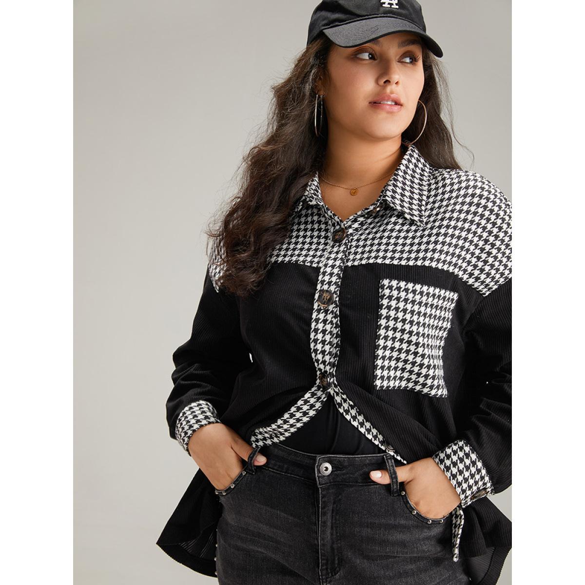 Plus Size Houndstooth Patchwork Pocket Button Through Corduroy Coat Women Black Casual Contrast Ladies Dailywear Winter Coats BloomChic 18-20/2X Product Image