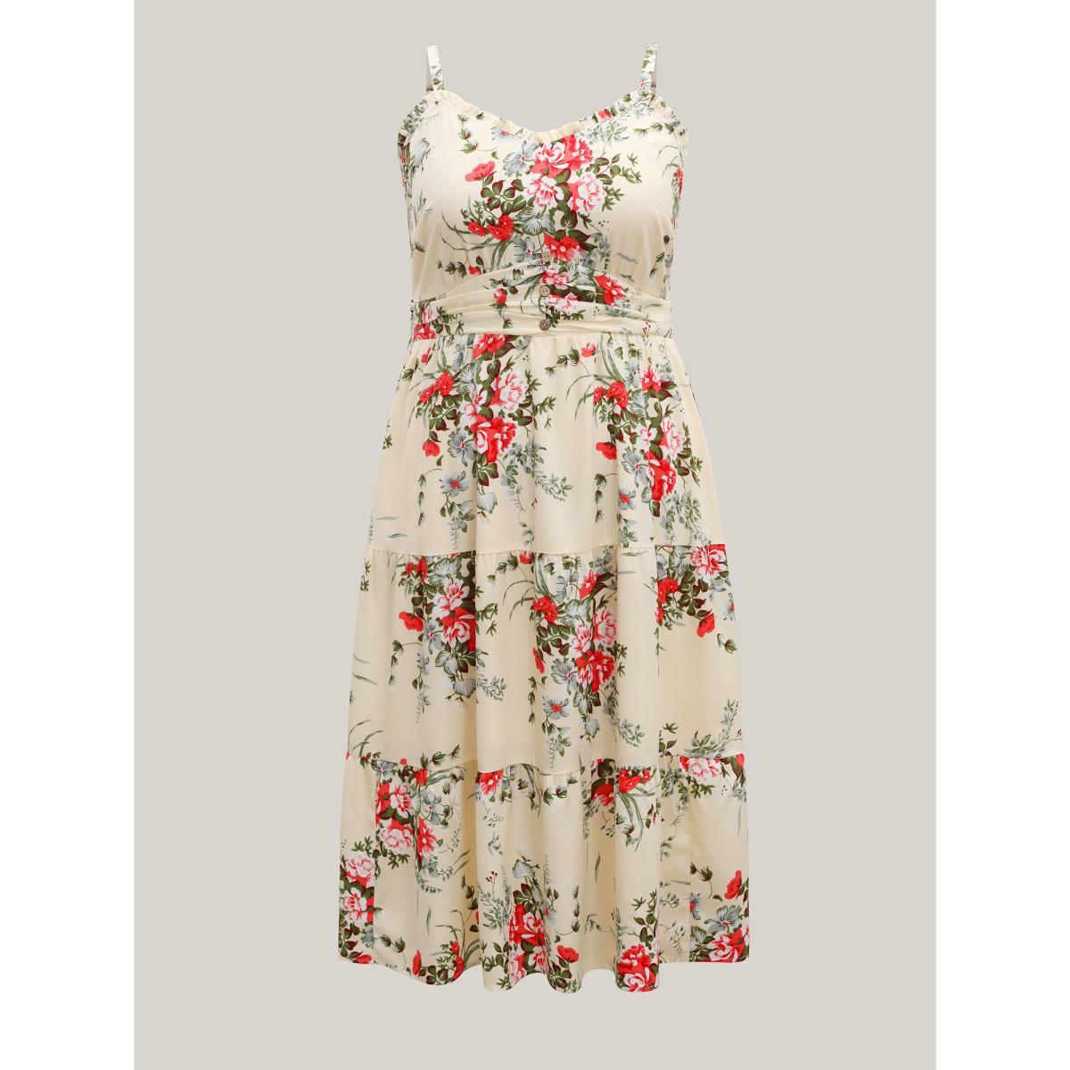 Plus Size Floral Pleated Waist Pockets Midi Dress Apricot Women Non Sleeveless Curvy BloomChic 26/4X Product Image