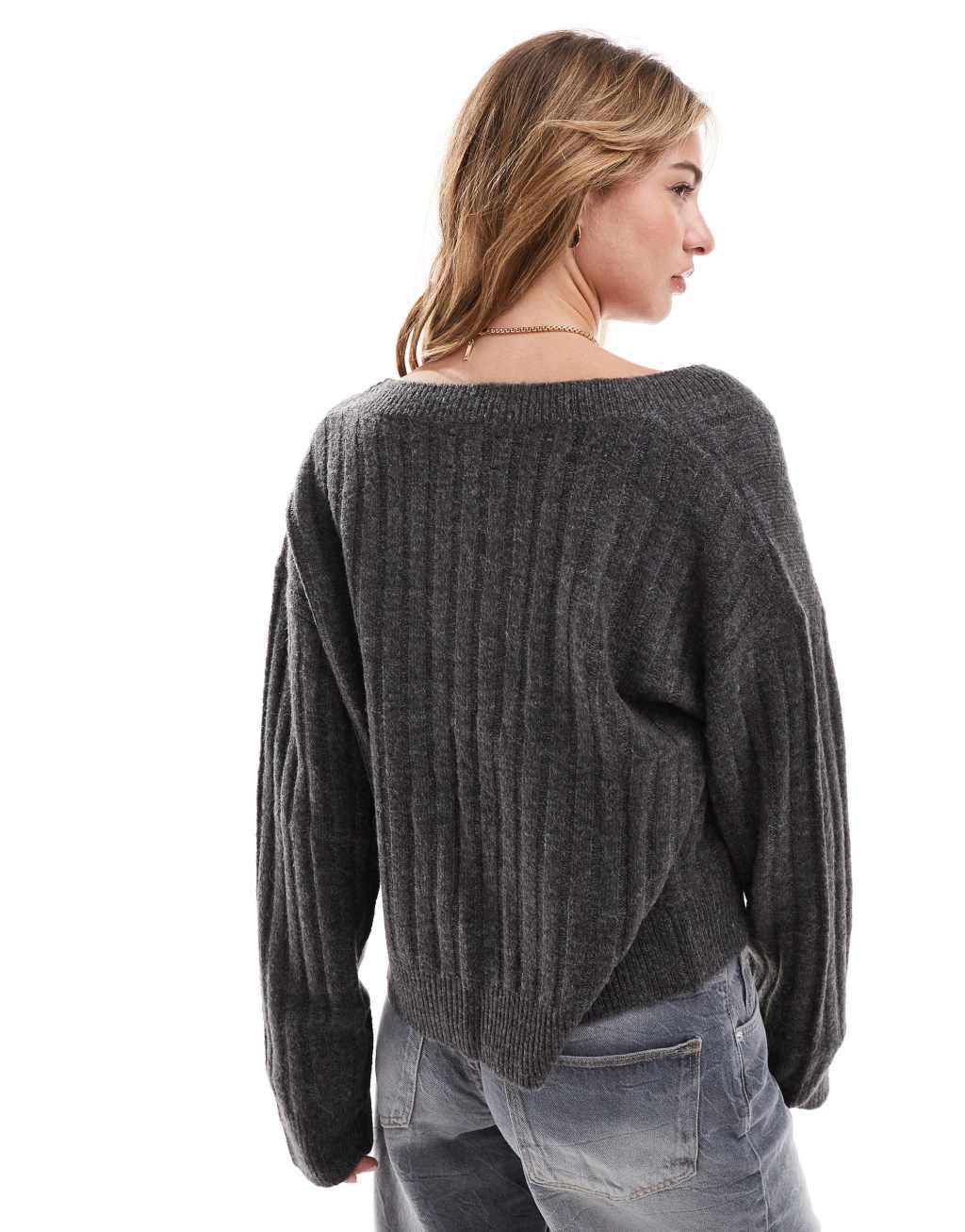 ASOS DESIGN v neck sweater in rib in charcoal Product Image
