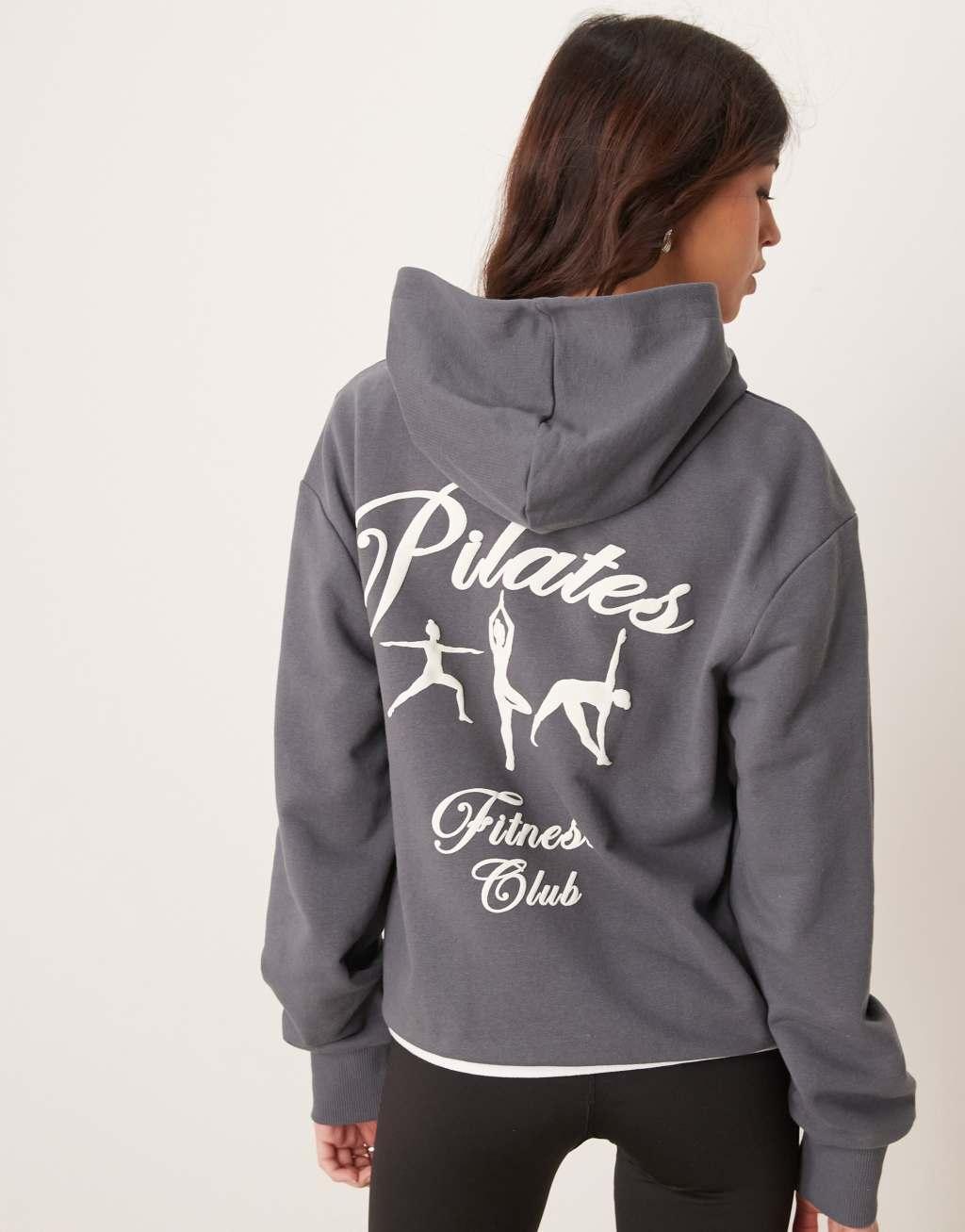 ASOS DESIGN pilates puff print hoodie in slate gray Product Image