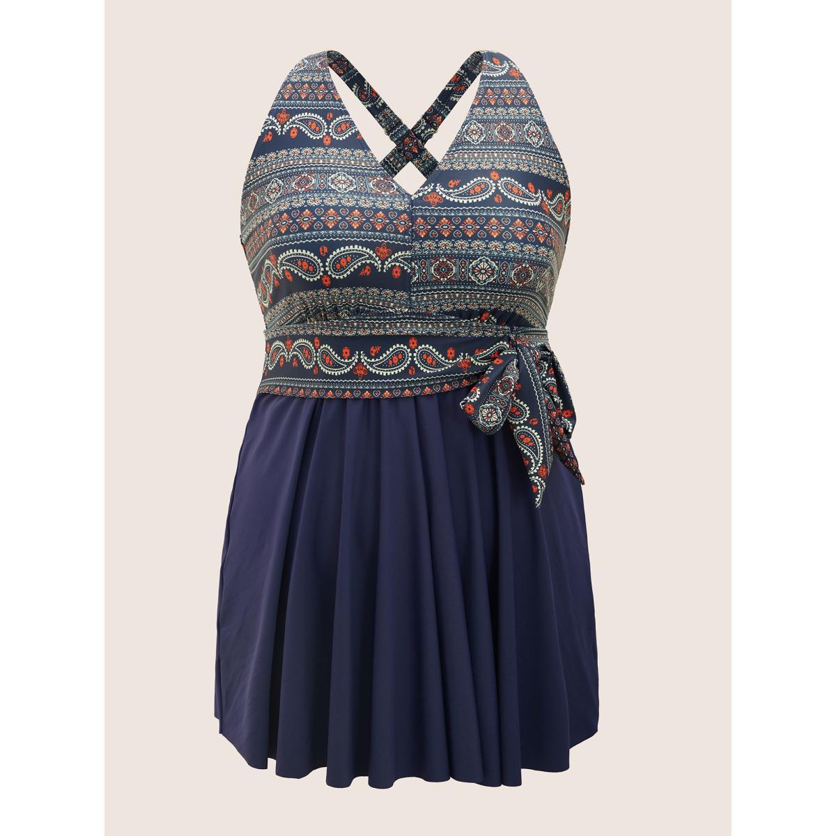 Plus Size Bandana Print Ties Knotted Patchwork Swim Dress Women's Swimwear Indigo Beach Bodycon Deep V-neck High stretch Curve Swim Dresses BloomChic 28/5X Product Image