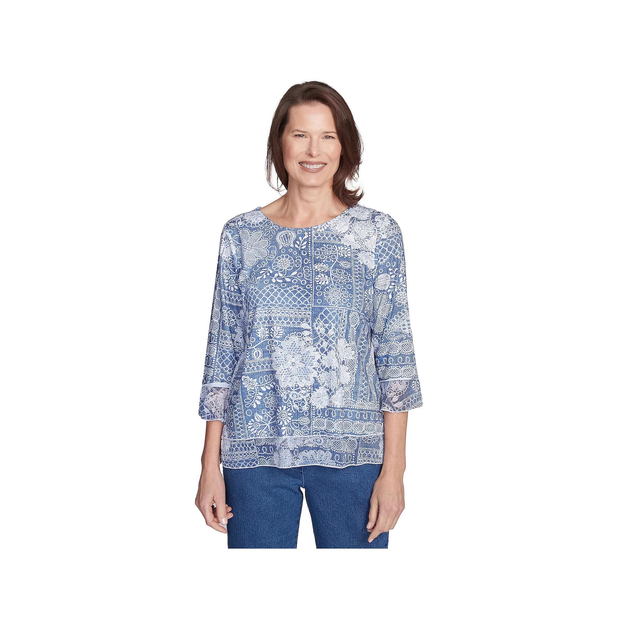 Women's Alfred Dunner Lacey Floral Patchwork Top, Size: Large, Blue Product Image
