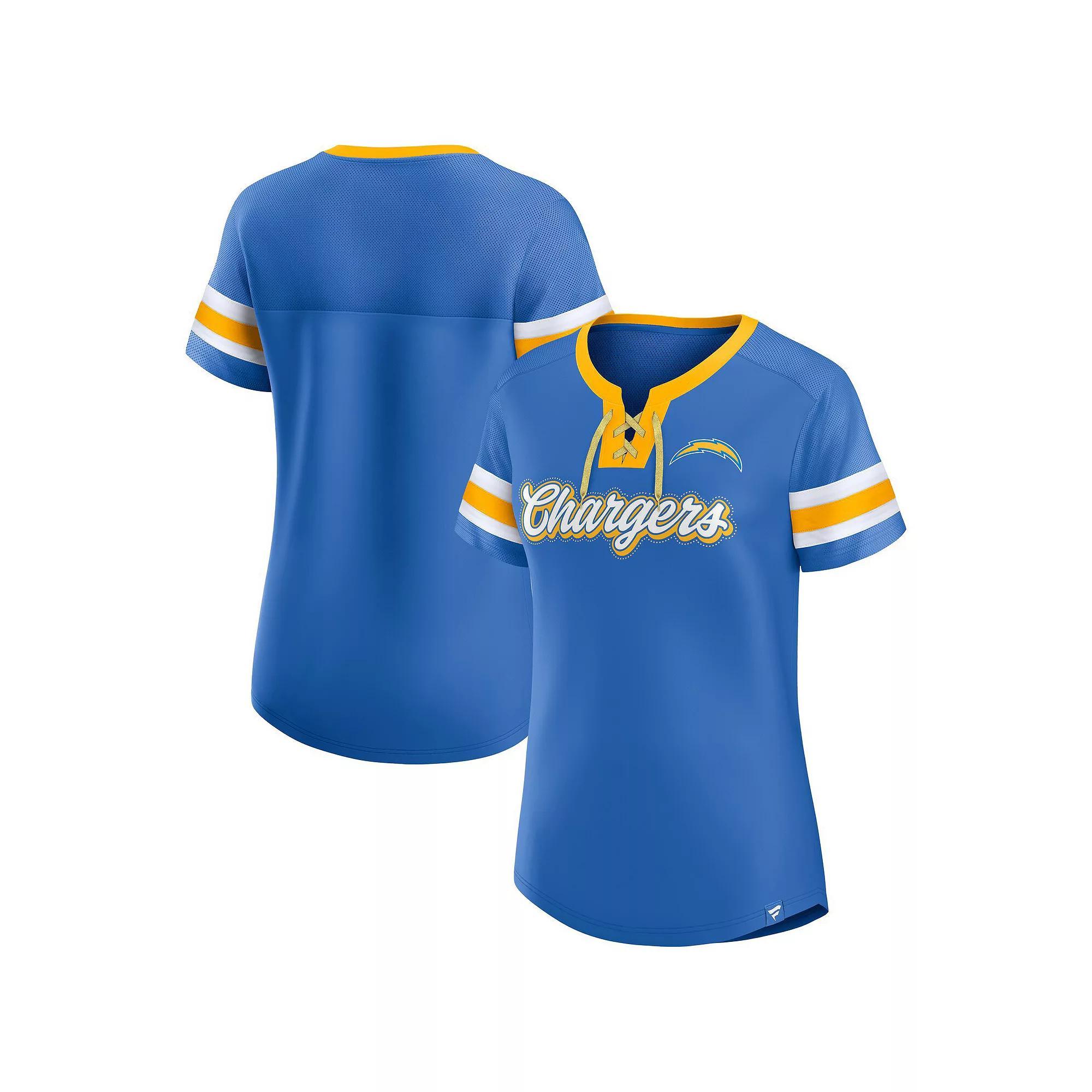 Women's Fanatics  Powder Blue Los Angeles Chargers True Catch Iconic Rhinestone Bling Athena Lace-Up T-Shirt, Size: 2XL, Light Product Image
