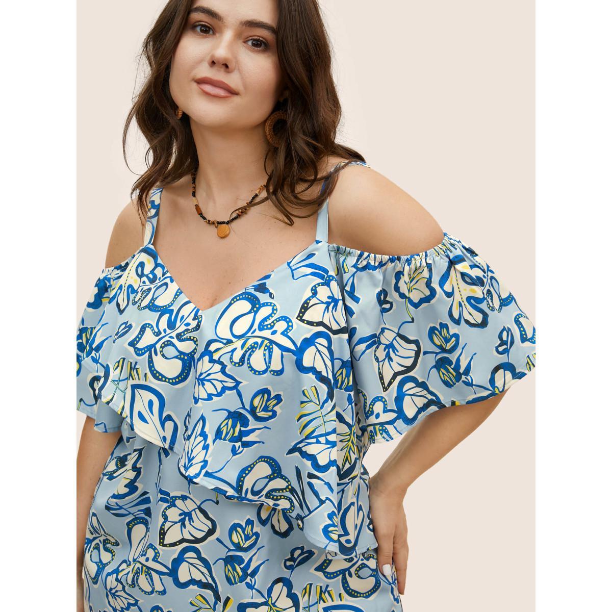 Plus Size LightBlue Floral Ruffle Sleeve Adjustable Straps Blouse Women Resort Short sleeve V-neck Vacation Blouses BloomChic 10/M Product Image