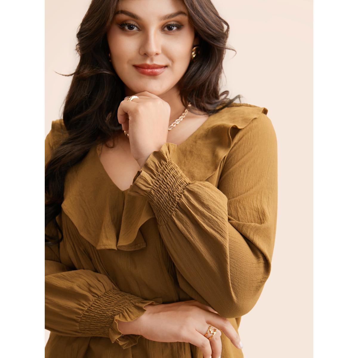 Plus Size Yellowishbrown Solid Texture Pleated Ruffle Trim Blouse Women Elegant Long Sleeve Deep V-neck Everyday Blouses BloomChic 22-24/3X Product Image
