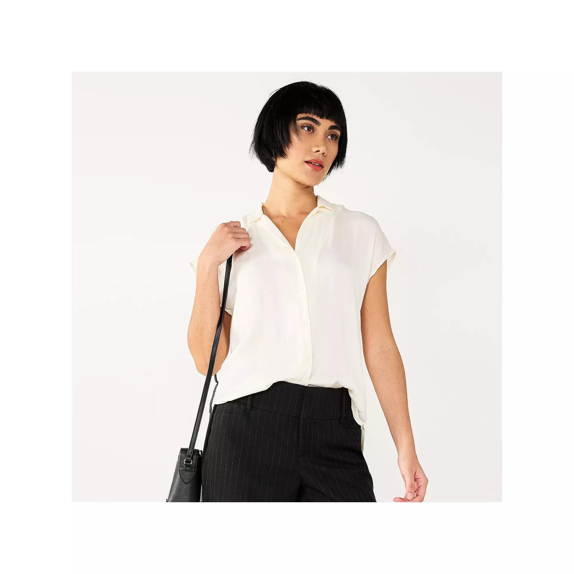 Women's Petite Nine West Short Sleeve Easy Lapel Shirt, Size: Large Petite, Daisy Dew Product Image