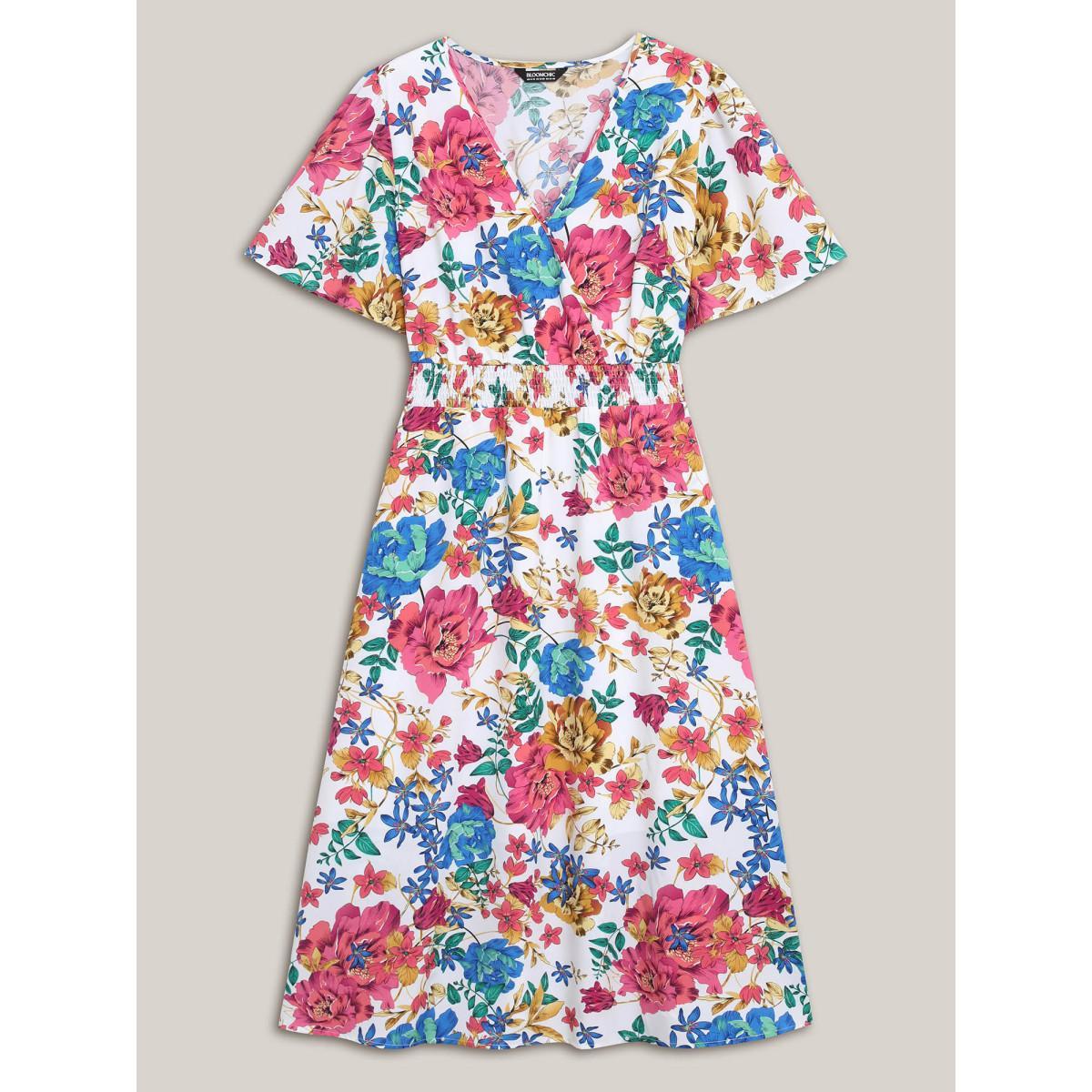 Plus Size Blooming Flowers Surplice Neck Pockets Dress Ivory Women Elegant Shirred Overlap Collar Short sleeve Curvy BloomChic 18-20/2X Product Image