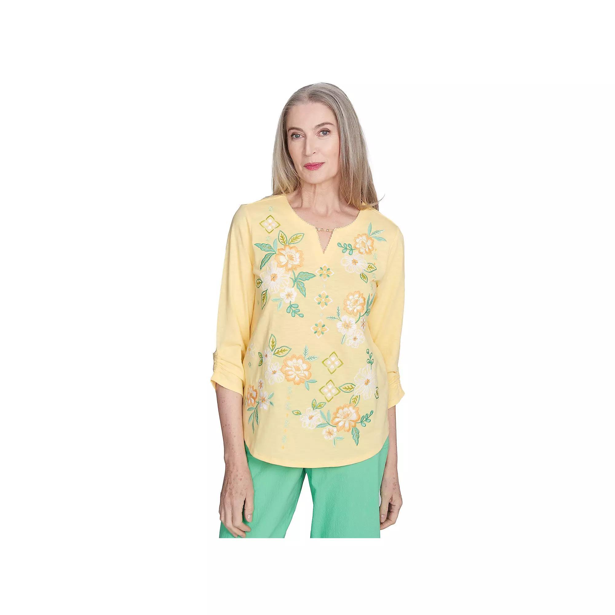 Petite Alfred Dunner Sunny Floral Embroidered Split Neck Top, Women's, Size: XL Petite, Yellow Product Image
