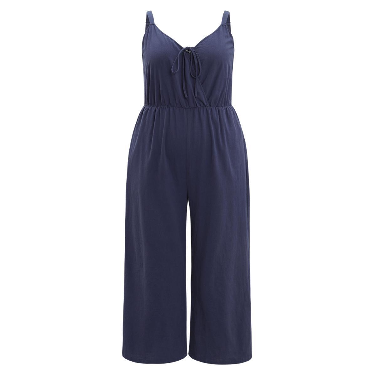 Plus Size Indigo Plain Pocket Elastic Waist Ties Cami Jumpsuit Women Casual Sleeveless Spaghetti Strap Dailywear Loose Jumpsuits BloomChic 28/5X Product Image