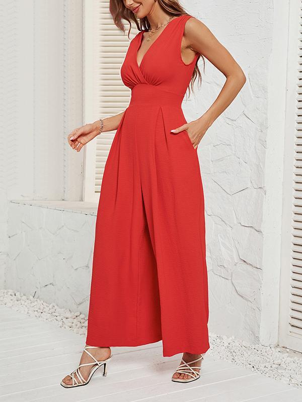 Loose Sleeveless Pleated Solid Color Split-Joint V-Neck Jumpsuits Product Image