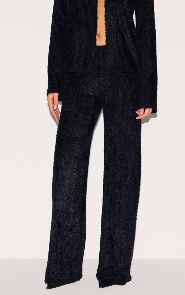 Black Textured Wide Leg Low Rise Pants Product Image